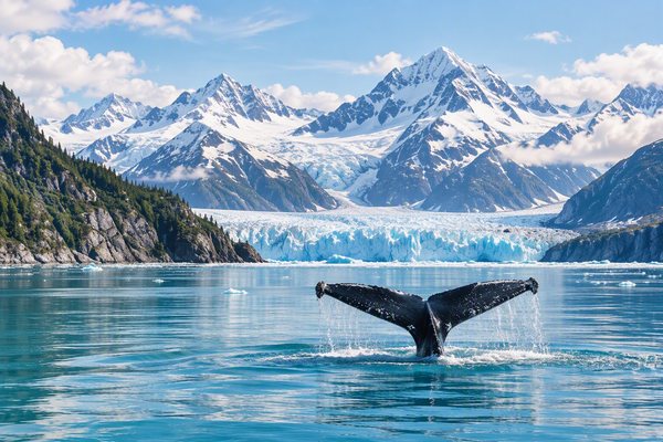 Glacier and snowcapped mountains in Alaska with a whale tail in the water